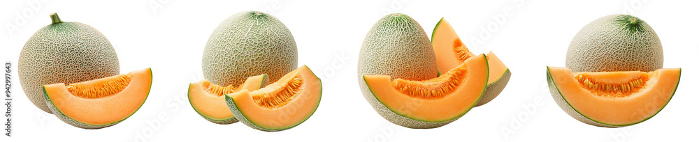 Cantaloupe melon isolated on white background, PNG set Cantaloupe melon isolated on white background, PNG set