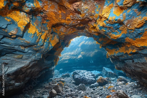 A hidden sea cave with a dark, rocky cavern and natural stalactit photo