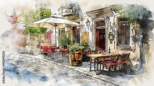 Watercolor Illustration of a Parisian Cafe Terrace photo