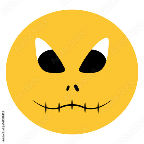 Angry emoji. The mouth is sewn shut. Yellow round. Color vector illustration. Isolated background. An ominous grimace with a scar. Angry look. Idea for web design.