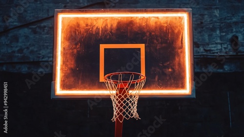 Bright orange basketball rim against a dark charcoal backboard photo