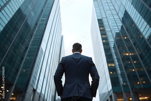 concept of overcoming problems, business man standing in front of tall buildings of the city