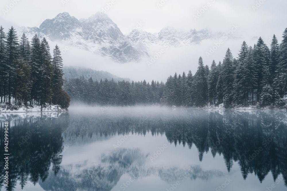 aesthetic photo of lake with trees on both sides of it, covered in snow and fog aesthetic photo of lake with trees on both sides of it, covered in snow and fog