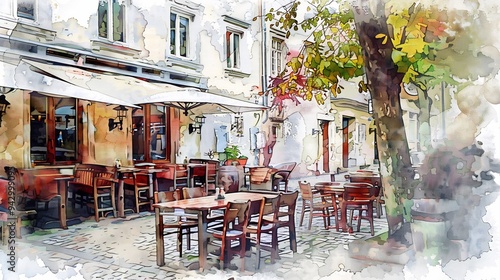 Watercolor Painting of an Outdoor Cafe in a European City photo