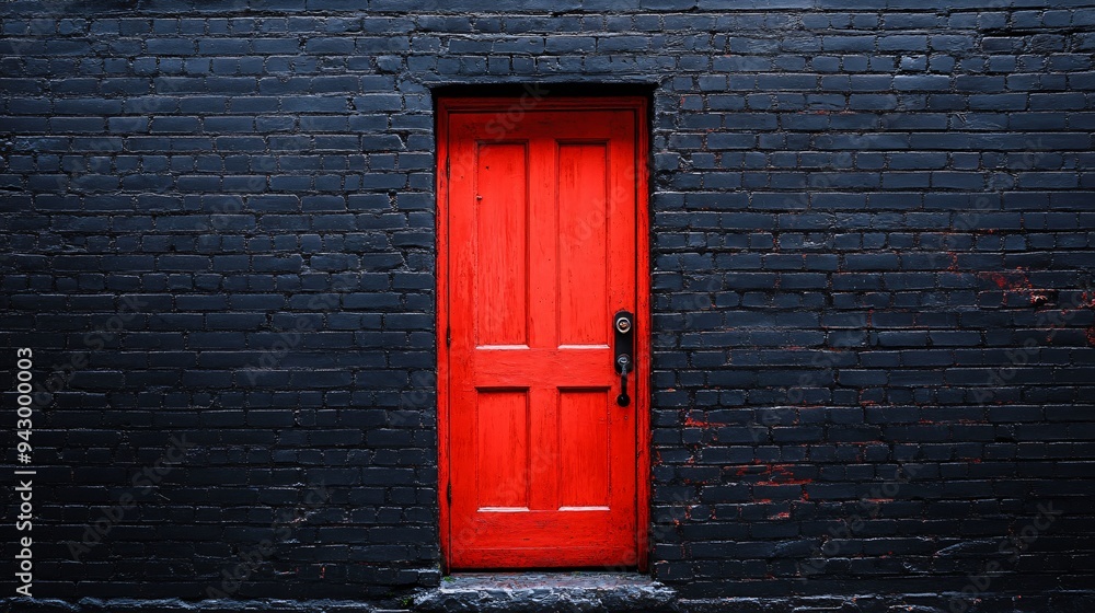 Bright red door on a dark charcoal brick wall Bright red door on a dark charcoal brick wall
