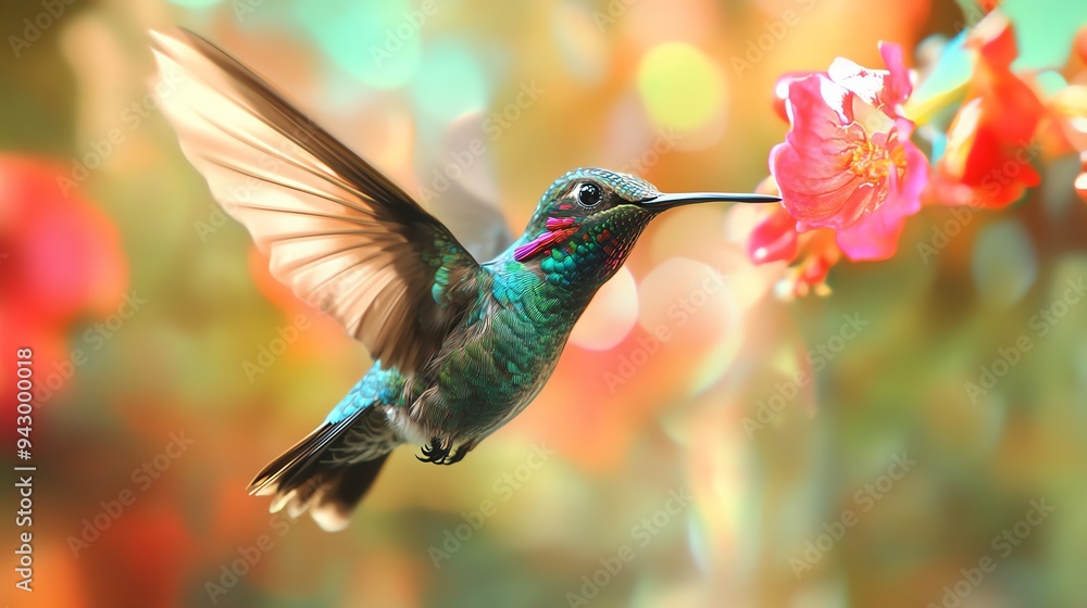Hummingbird in flight, sharp focus on iridescent feathers, blurred background, vibrant colors, dynamic closeup Hummingbird in flight, sharp focus on iridescent feathers, blurred background, vibrant colors, dynamic closeup