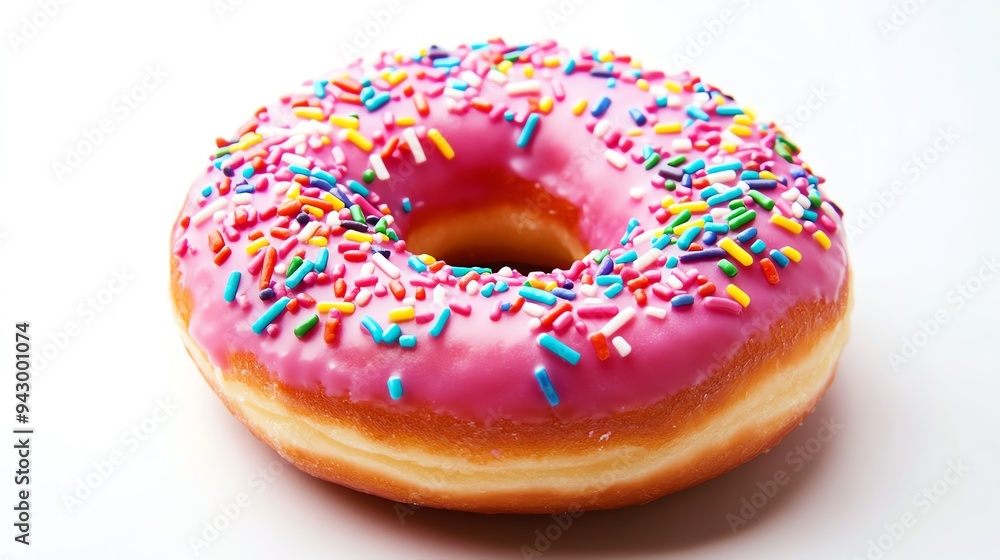 Pink frosted donut with rainbow sprinkles, high contrast, centered composition, white background, vibrant colors Pink frosted donut with rainbow sprinkles, high contrast, centered composition, white background, vibrant colors