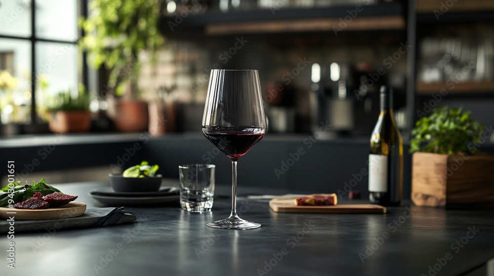 Deep red wine glass on a dark charcoal dining table Deep red wine glass on a dark charcoal dining table