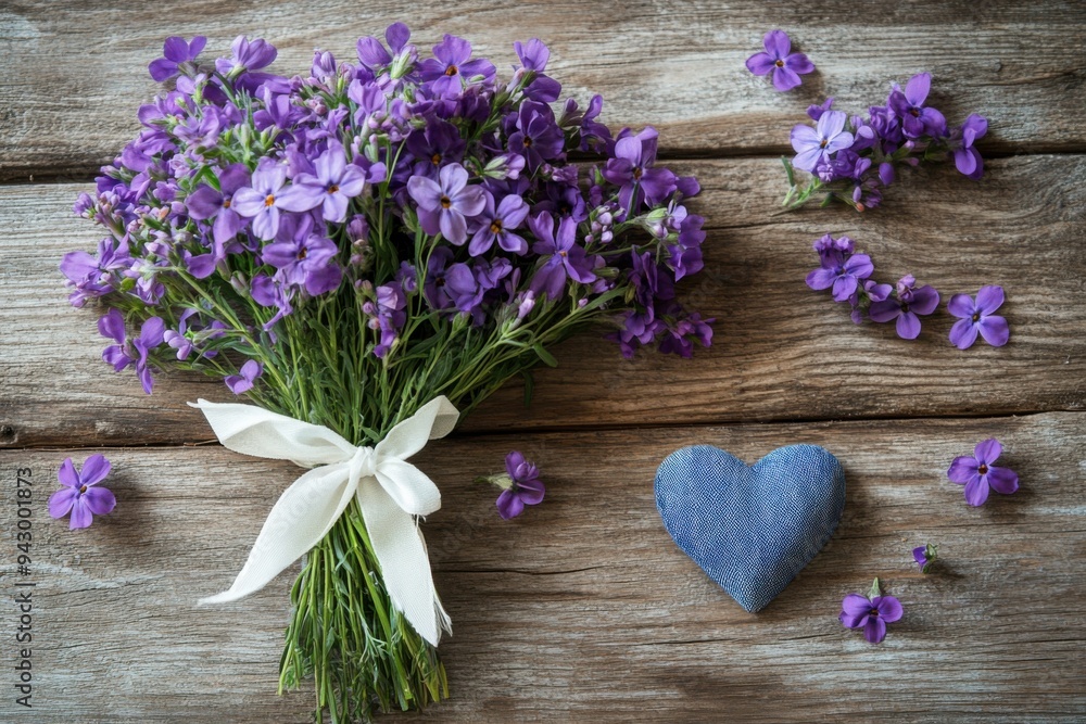Rustic Bouquet and Handmade Denim Heart on Weathered Wood Rustic Bouquet and Handmade Denim Heart on Weathered Wood