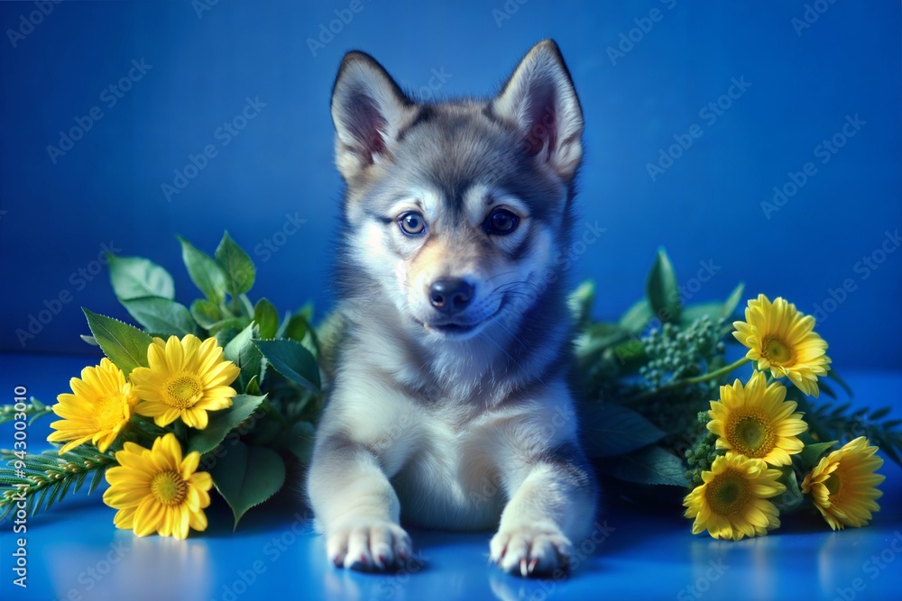 Adorable Husky Puppy Posing with Vibrant Yellow Flowers on Blue Background Adorable Husky Puppy Posing with Vibrant Yellow Flowers on Blue Background