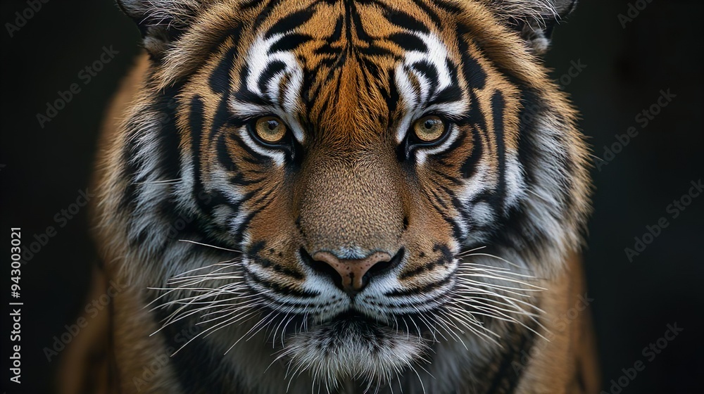 Tiger's fierce gaze in close-up perfect for showcasing the power of big cats Tiger's fierce gaze in close-up perfect for showcasing the power of big cats