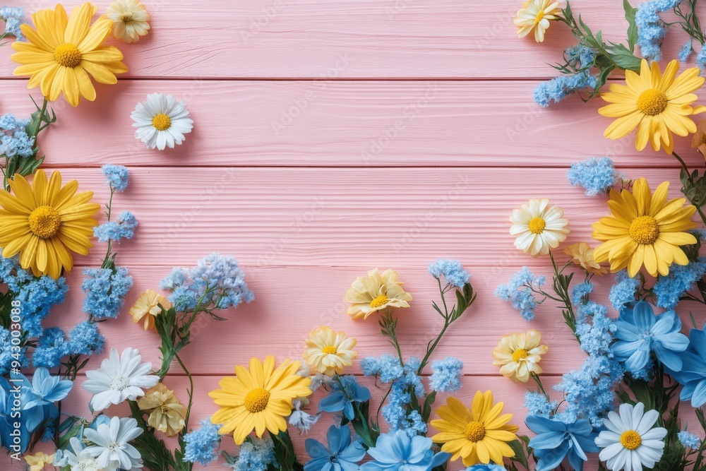 Pastel Floral Arrangement with Yellow Daisies on Pink Wooden Background