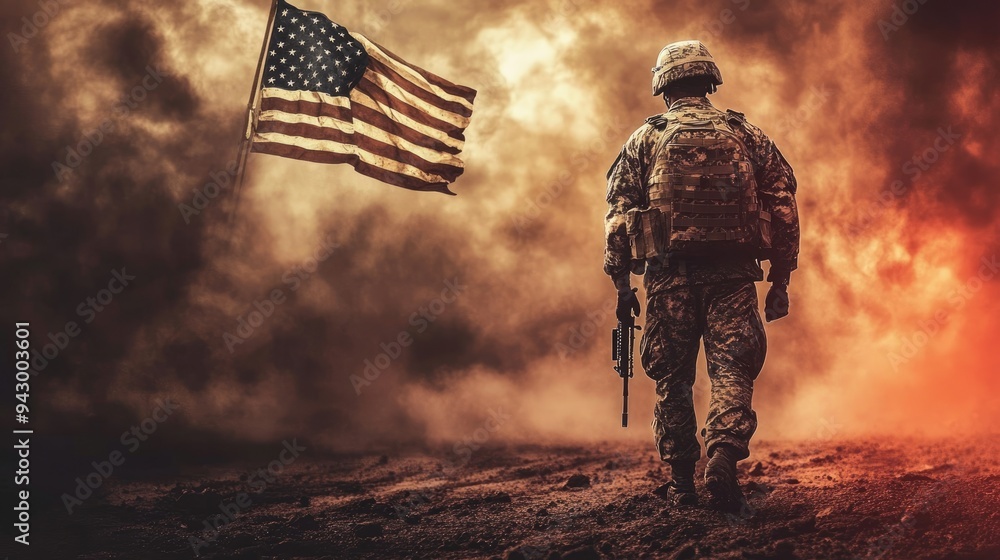 American Soldier Walking Through Smoke and Dust American Soldier Walking Through Smoke and Dust