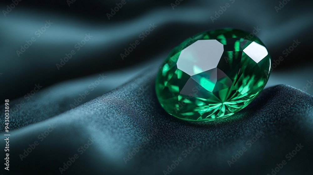 Emerald green gemstone shining against a dark charcoal velvet background Emerald green gemstone shining against a dark charcoal velvet background