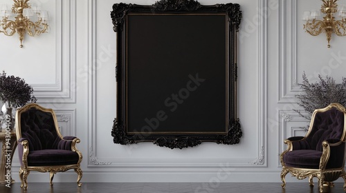 Dark Royalty Halloween Frame Mockup. Gothic Designs with Deep Purple Velvet, Blank black canvas on the wall photo