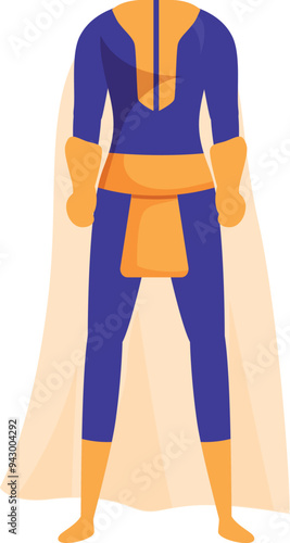 Superhero costume with cape standing upright with clenched fists ready for action
