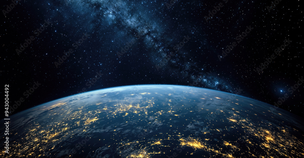 View of Earth from space with illuminated city lights under the starry night sky and Milky Way View of Earth from space with illuminated city lights under the starry night sky and Milky Way
