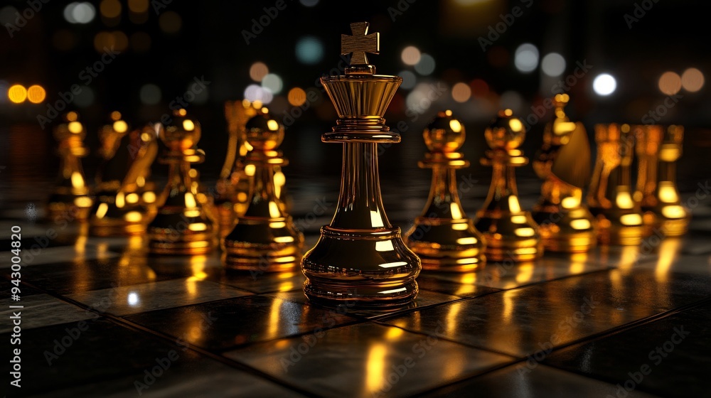 Golden yellow chess pieces on a dark charcoal chessboard Golden yellow chess pieces on a dark charcoal chessboard