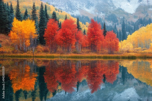 Autumn Trees by Crystal Lake,Mirror Image of Fall Colors in Lake,Colorful Fall Foliage Reflected in Lake,Scenic Landscape with Red Trees,Tranquil Haven,Nature's Tapestry,Fire and Ice, ai