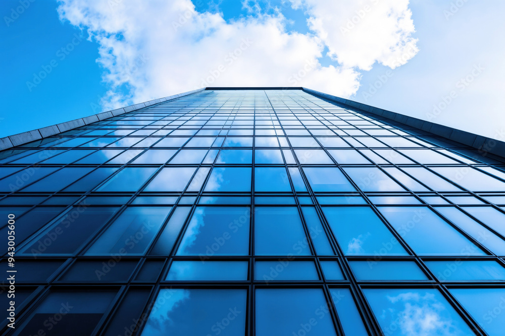 Low angle view of a modern glass skyscraper reflecting the sky with clouds. Architectural of a high-rise building. Low angle view of a modern glass skyscraper reflecting the sky with clouds. Architectural of a high-rise building.