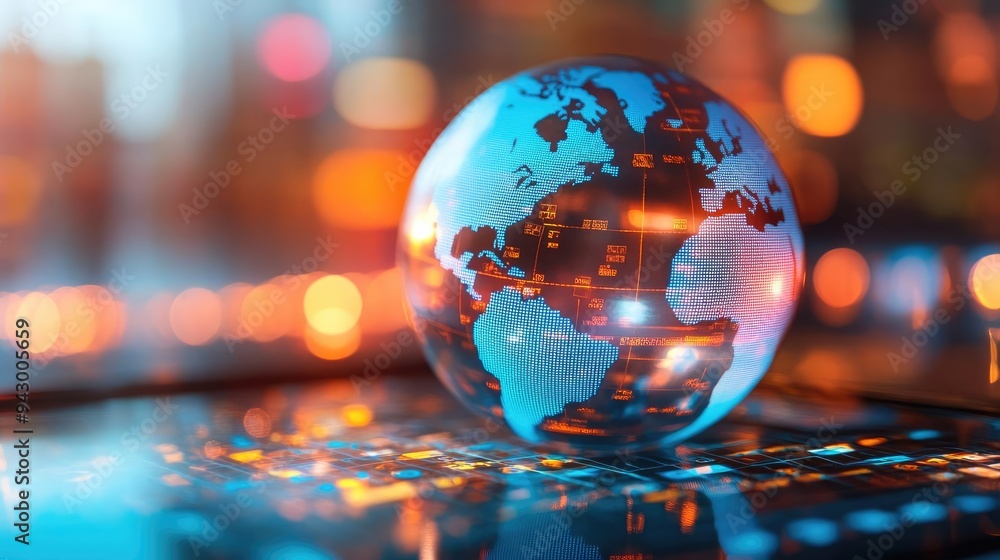 Close-up of a digital globe with economic policy impacts rippling across continents, concept of global economic integration Close-up of a digital globe with economic policy impacts rippling across continents, concept of global economic integration