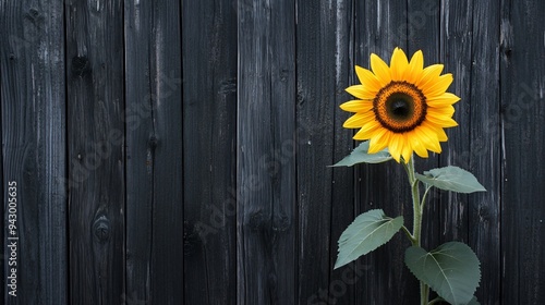 Golden yellow sunflower against a dark charcoal wooden fence