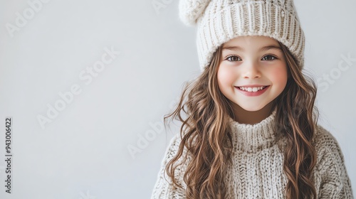 Smiling girl in a cozy knit sweater and winter hat, soft natural lighting, clean white background, joyful expression