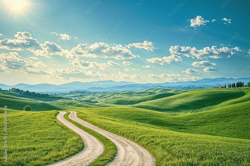 Panoramic view of green rolling hills with a dirt road under a bright sky with clouds. Panoramic view of green rolling hills with a dirt road under a bright sky with clouds.
