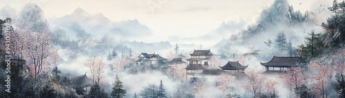 Tranquil mountain village with cherry blossoms, misty morning, panoramic view, traditional ink wash style
