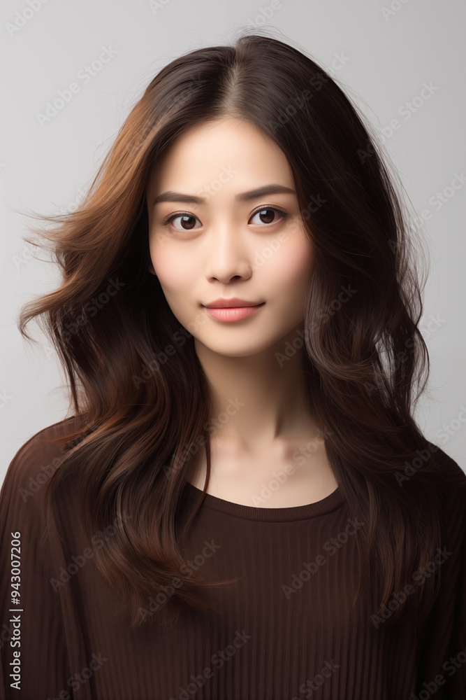 young asian woman with long hair in brown loose blouse looking at camera smiling. female portrait bust young asian woman with long hair in brown loose blouse looking at camera smiling. female portrait bust