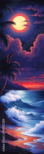 Tropical beach with crashing waves, moonlit sky, dynamic clouds, vibrant colors, wideangle shot, retro illustration style
