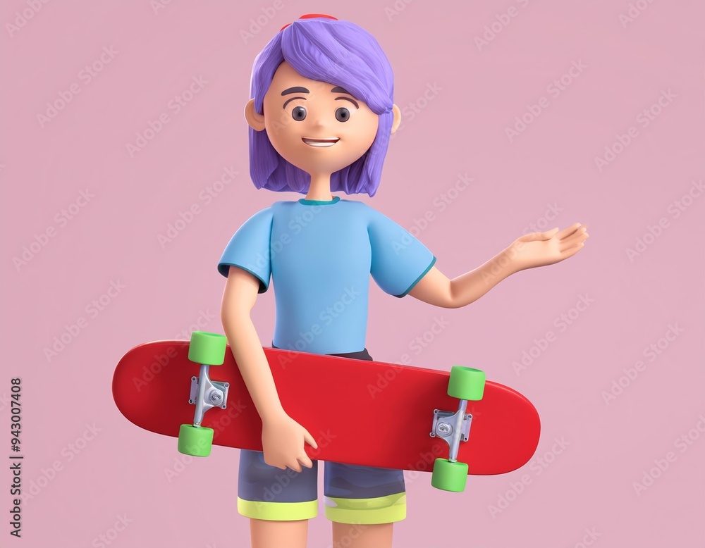 3D cartoon girl with purple hair holds a red skateboard and gestures with her hand to the side 3D cartoon girl with purple hair holds a red skateboard and gestures with her hand to the side