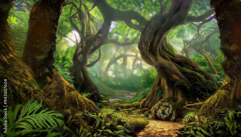 Fascinating views in the mystical forest of twisted, centuries-old trees Fascinating views in the mystical forest of twisted, centuries-old trees