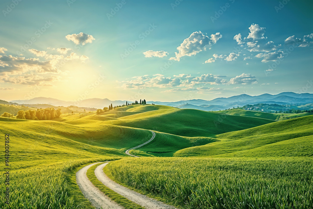 Fototapeta premium Scenic view of a winding road through green rolling hills under a bright sky with the sun