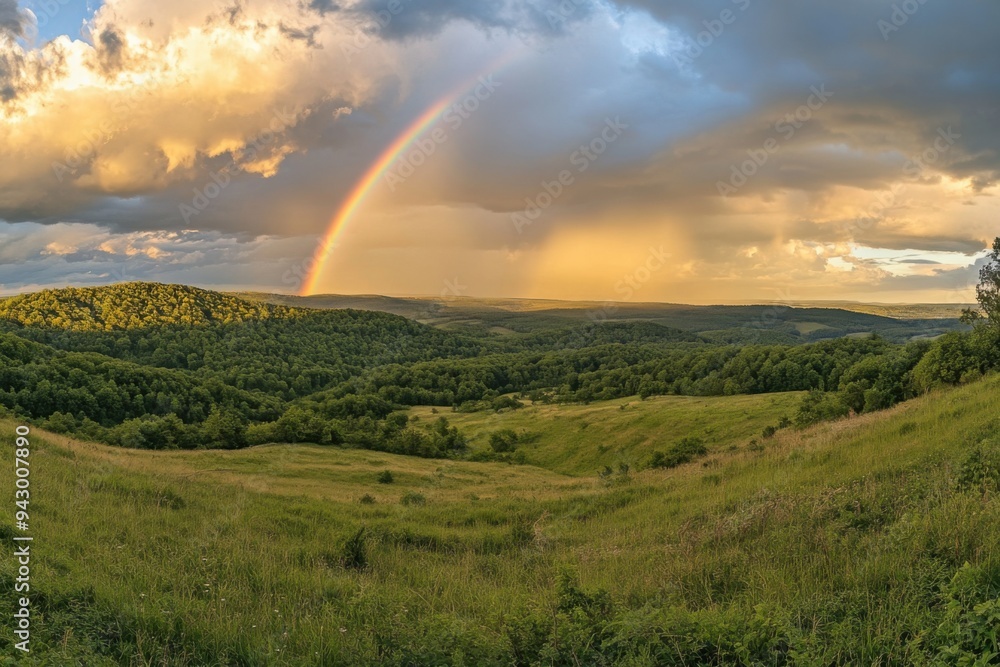 Scenic Landscape with Rainbow Over Rolling Hills and Valleys Scenic Landscape with Rainbow Over Rolling Hills and Valleys