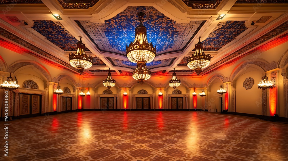 Obraz premium Elegant Ballroom with Intricate Ceiling Design, Vibrant Chandeliers, and Warm Lighting Enhanced by Red and Blue Uplighting