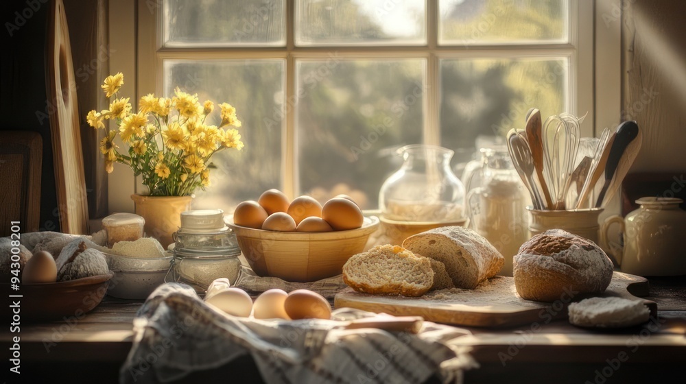 Freshly Baked Bread, Rustic Kitchen Window Freshly Baked Bread, Rustic Kitchen Window