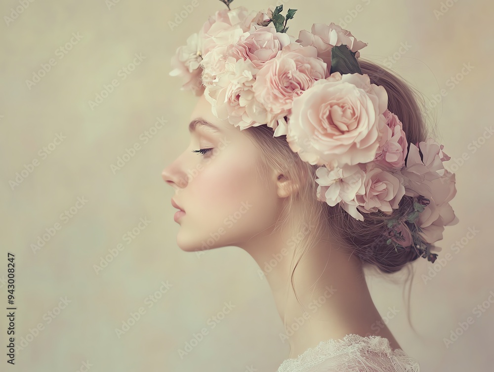 Obraz premium Woman with floral headdress, soft pink tones, side profile, studio lighting, minimalistic background