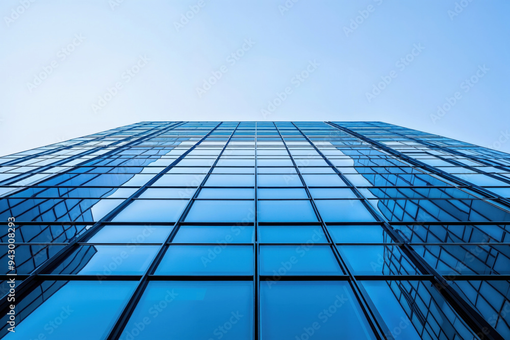 Low angle view of a modern glass skyscraper reflecting the sky Low angle view of a modern glass skyscraper reflecting the sky