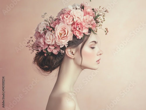 Woman with floral headdress, soft pink tones, side profile, studio lighting, minimalistic background