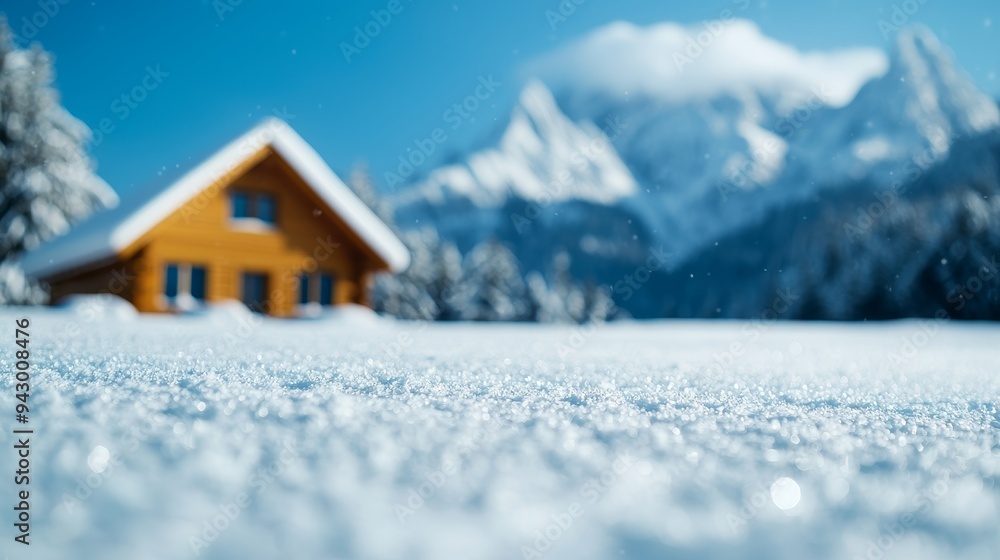 Snowstorm engulfing a mountain cabin, harsh weather, snow-covered surroundings