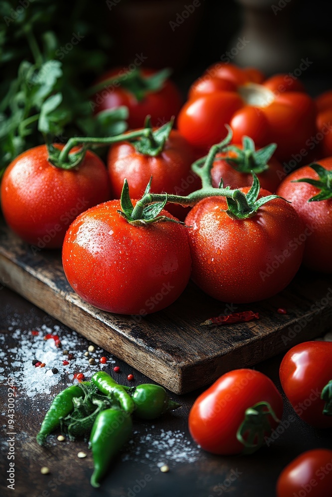 Fresh Organic Tomatoes on Rustic Wooden Board with Green Peppers and Herbs in the Background Fresh Organic Tomatoes on Rustic Wooden Board with Green Peppers and Herbs in the Background