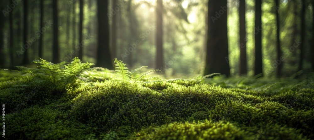 Tranquil Forest Scene with Sunlit Moss and Ferns Tranquil Forest Scene with Sunlit Moss and Ferns
