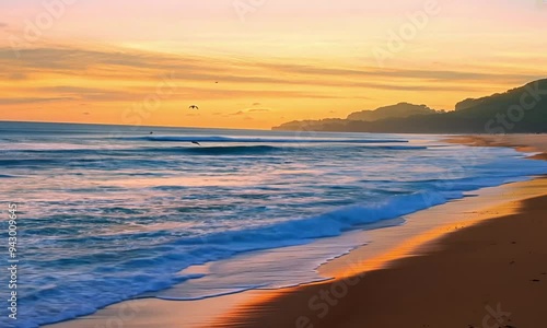 Sunset over a tranquil beach, waves gently lapping the shore