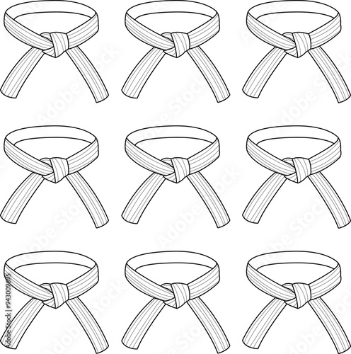 Collection of martial arts belts with different rank colors for skill level. Karate, taekwondo, judo, jujitsu, kickboxing, or kung fu belts. Vector black and white coloring page.