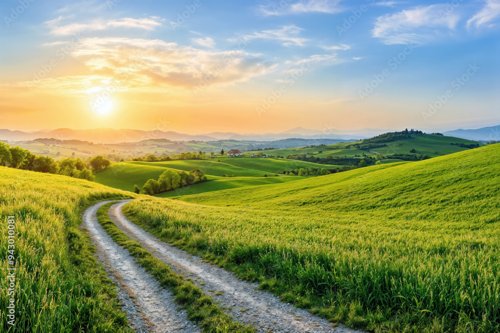 Scenic view of a winding road through green rolling hills under a colorful sunrise Scenic view of a winding road through green rolling hills under a colorful sunrise