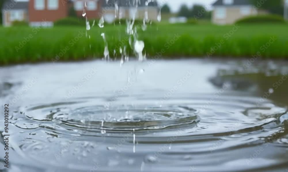 Super slow motion close up of rain hitting a puddle during a suburban storm Super slow motion close up of rain hitting a puddle during a suburban storm