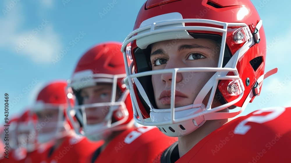 Fototapeta premium Focused young football players in red helmets display determination and teamwork. 