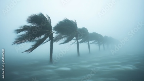 A dramatic scene of palm trees swaying in a fierce storm, captured in low visibility with swirling winds and textured water. photo