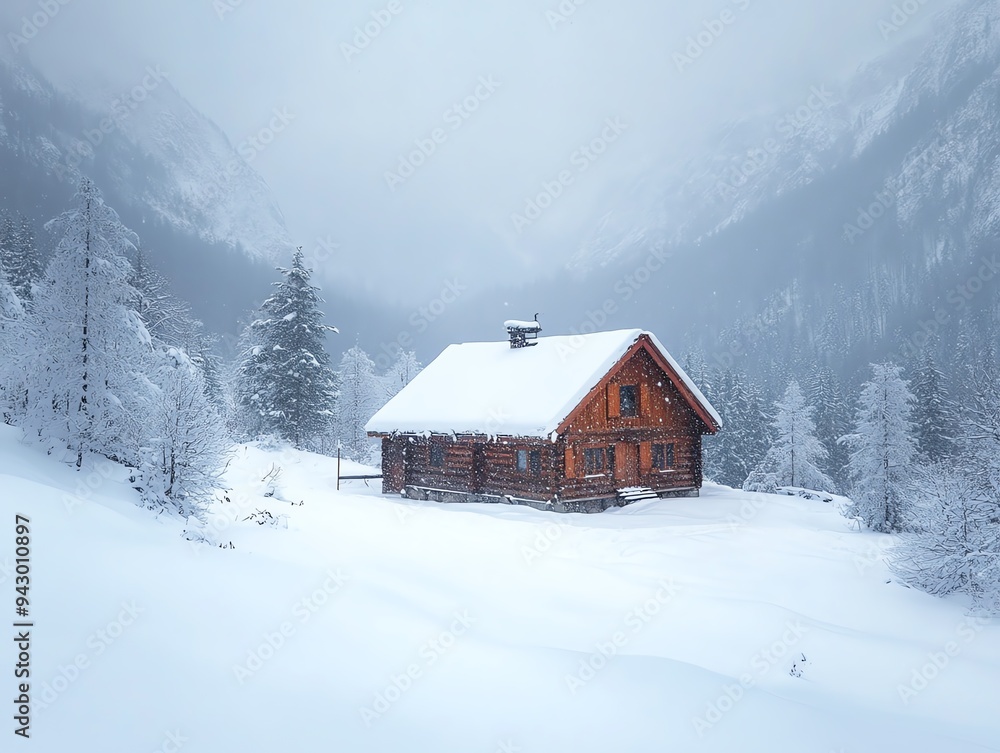 A serene winter landscape featuring a cozy cabin surrounded by snow-covered trees and mountains, evoking peace and tranquility. A serene winter landscape featuring a cozy cabin surrounded by snow-covered trees and mountains, evoking peace and tranquility.